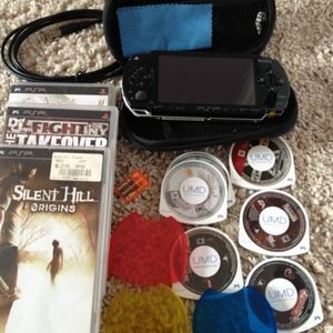 PSP, charger, games, memory stick, case