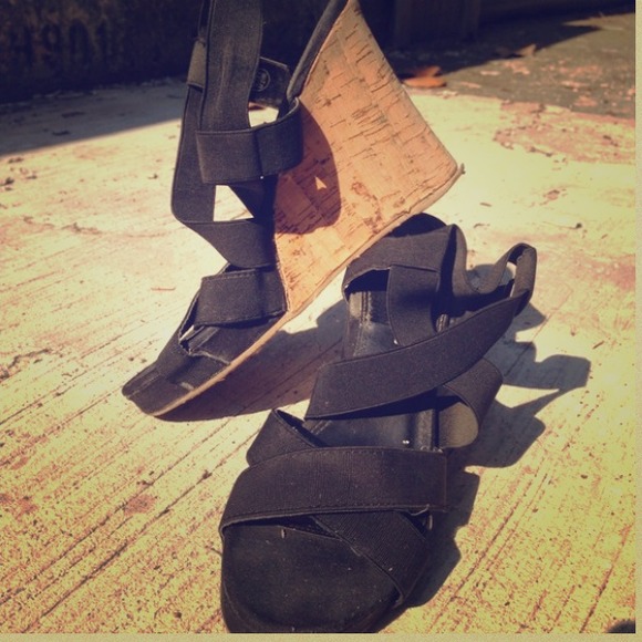 Size 8.5 cork wedge heel with black elastic straps