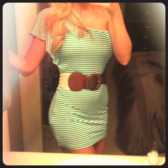 Forever 21 Tops - 💗One Shoulder Green and White Striped Tunic