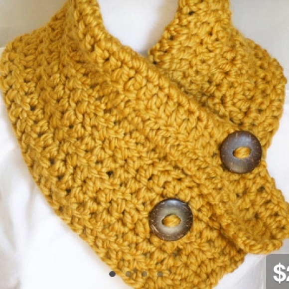 Hand crocheted mustard colored cowl scarf.