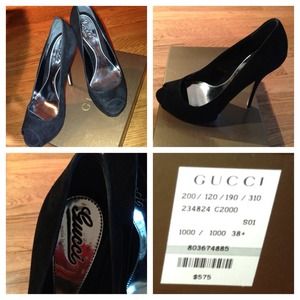 GUCCI: Blk peep-toe suede Gucci heels (NEVER WORN)