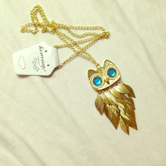 Blue eyed Gold colored Metal Owl Necklace