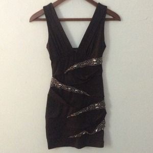 Black V-neck bodycon dress with sequin stripes