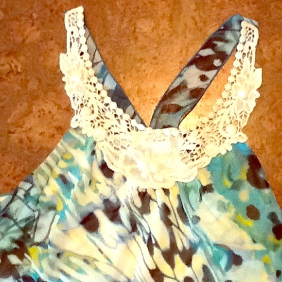 BCX print top. Crochet and sheer straps