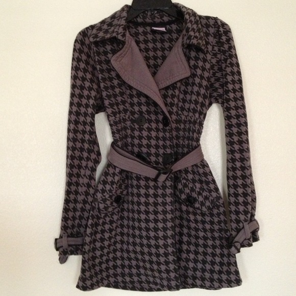 Gray Grey & Black Houndstooth Pea Coat Jacket