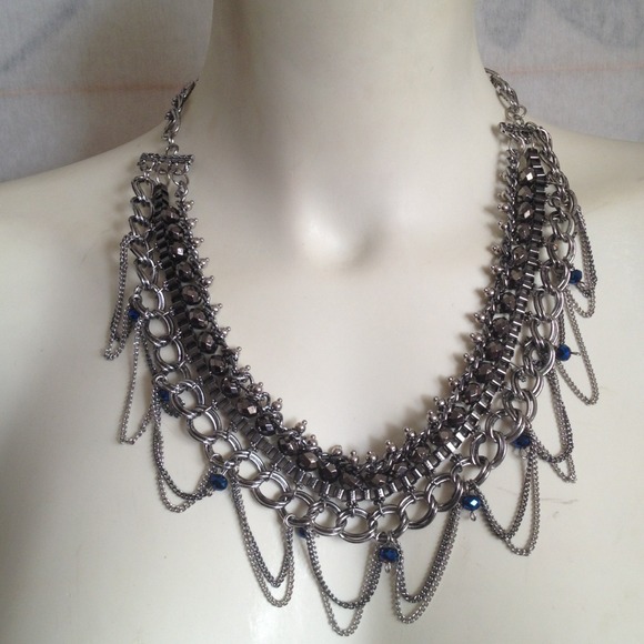 NEW Silver Beaded Chain Draped Statement Necklace - Picture 2 of 4