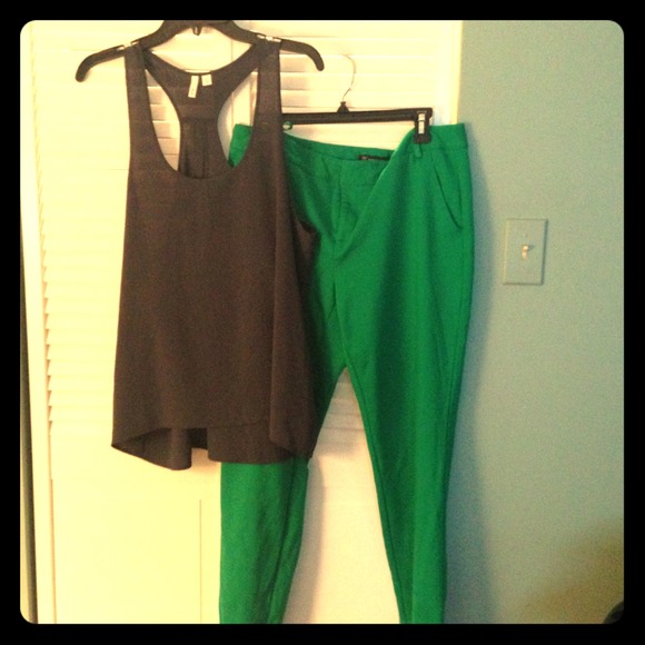 Dark grey top and Kelly green ankle pants