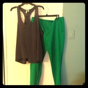 Dark grey top and Kelly green ankle pants