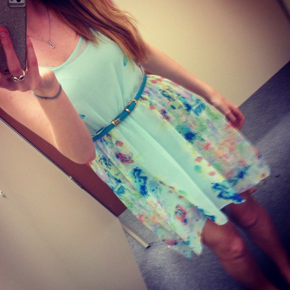 Light Tiffany blue & floral high-low dress