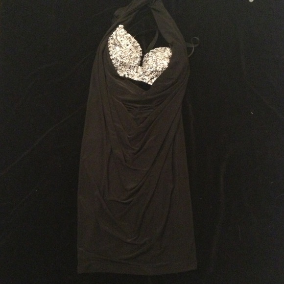 Black low cut halter dress with embellished bra