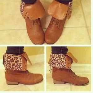 Brown Combat Boots with Animal Print Interior