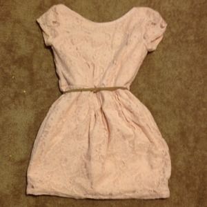Light peach lace dress.