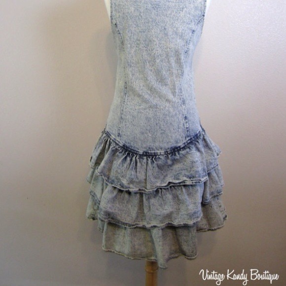 SOLD-VINTAGE- 80's Acid Wash Ruffle Mini Dress - Picture 2 of 2