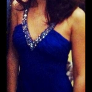Fancy evening blue dress with beads and open back
