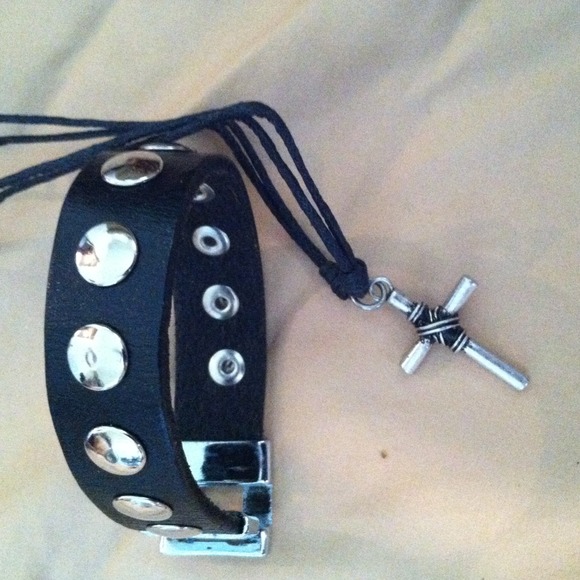Leather stud bracelet n cross rope necklace