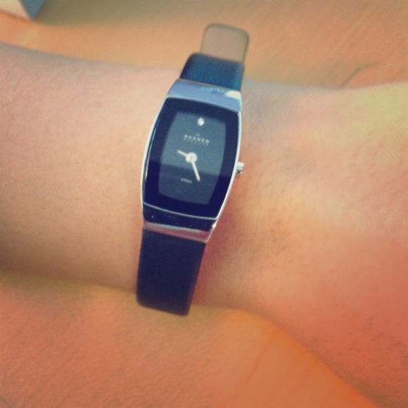 NEW Skagen Black Leather and Steel Watch
