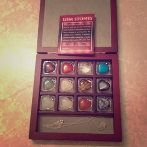 Set of gem stone pendants with necklace and box