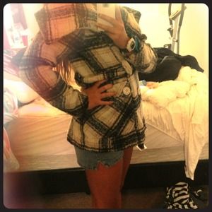 Plaid blue black and white pea coat