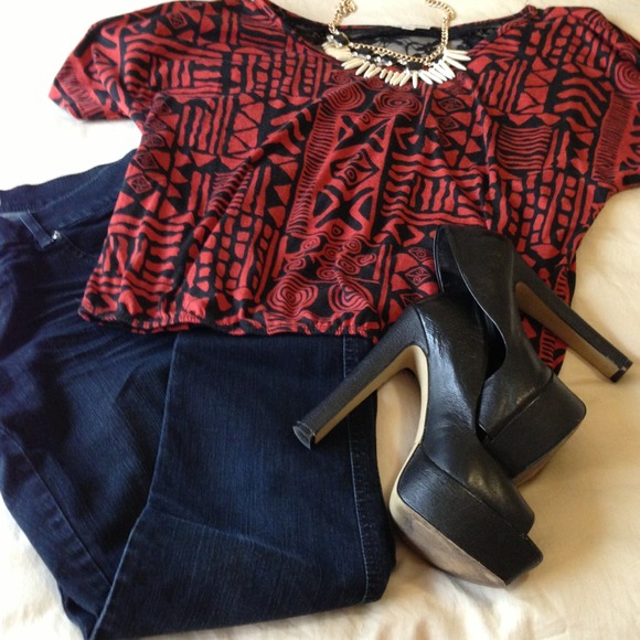 Graphic red and black Aztec top