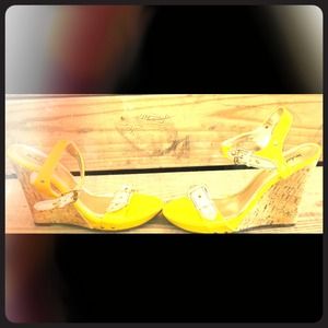 Yellow and white cork wedge heel sandals