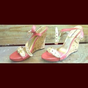 Peach colored cork wedge heel sandals
