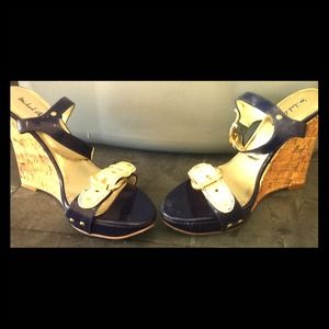 Navy cork wedge heel sandals