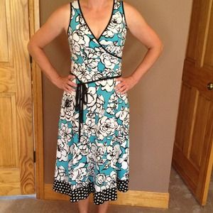 Aqua, black and white crossover floral dress