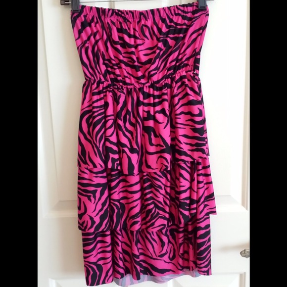 Strapless, hot pink, tiered zebra dress