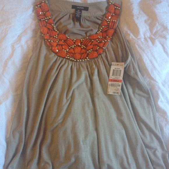 Alfani beige top with orange beaded neckline
