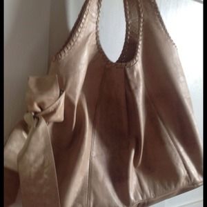 Beige Leather Hobo Bag with bow onthe side