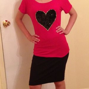Red shirt with a black sequin heart