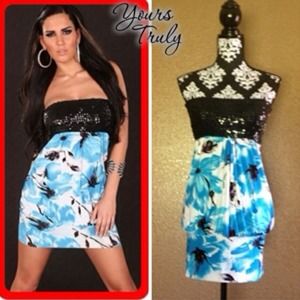 Blue Floral Print with Sequin Dress