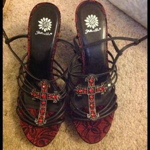 Gorgeous Red with Black Lace Wedge Heels