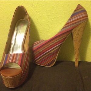 Tribal Striped Multi Color Peep toe platform pumps