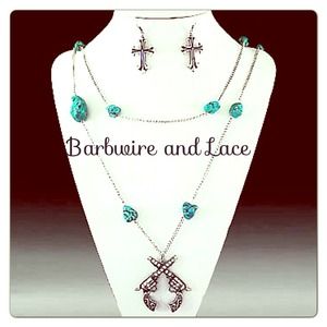 Silver & turquoise cross and pistols set