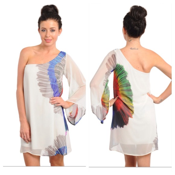 BOHO Chic One Sleeve Flare Lined Mini Dress - Picture 1 of 4