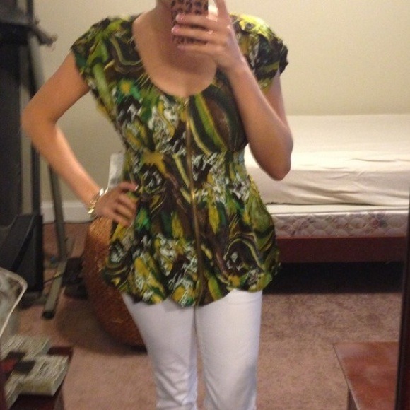 Olive and brown cap sleeve top - Picture 1 of 2