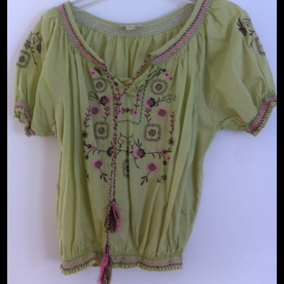 Lime Green Embroidered Peasant Top, M
