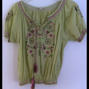 Lime Green Embroidered Peasant Top, M