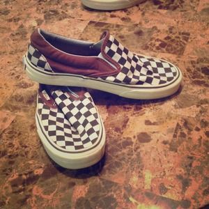 VANS light blue and brown checkered slip Ons