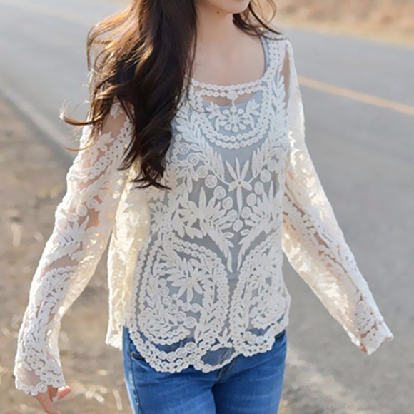 Cream sheer sleeve lace top