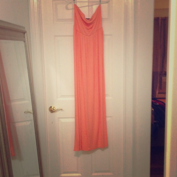 Pastel coral Long flowing strapless summer dress