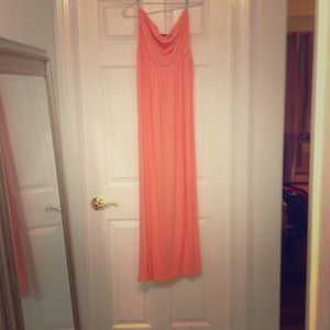 Pastel coral Long flowing strapless summer dress