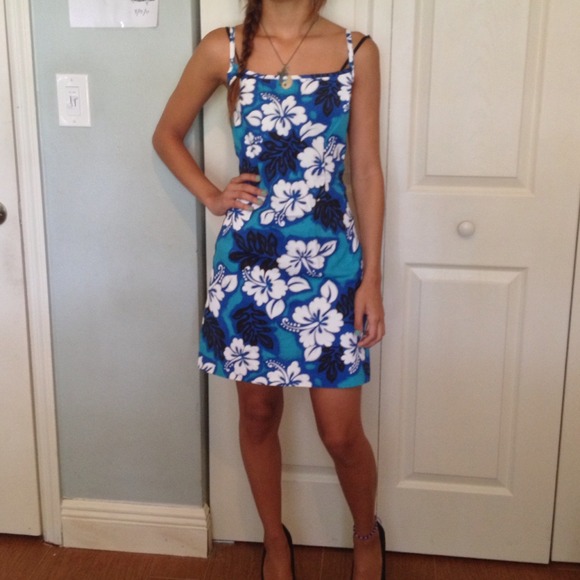 Blue strap dress with white & black print