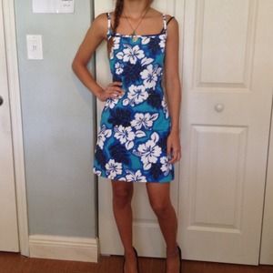 Blue strap dress with white & black print