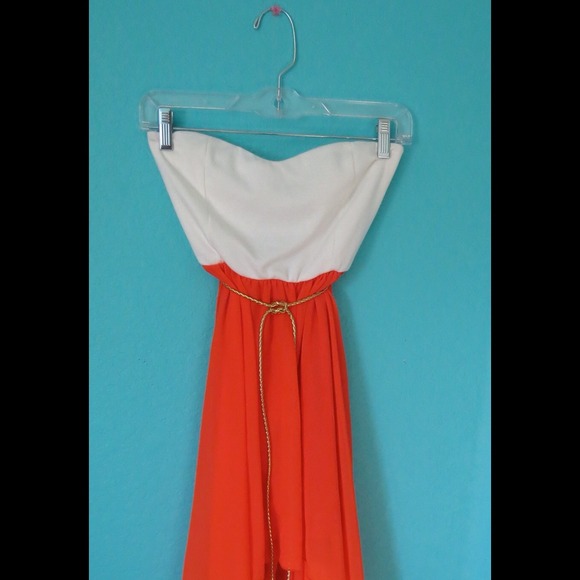 Strapless White & Orange Hi-Low Dress 🌅