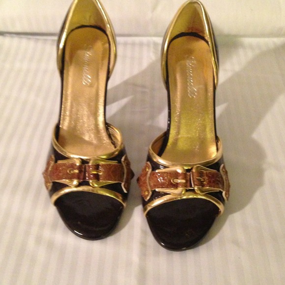 Brown and gold heels