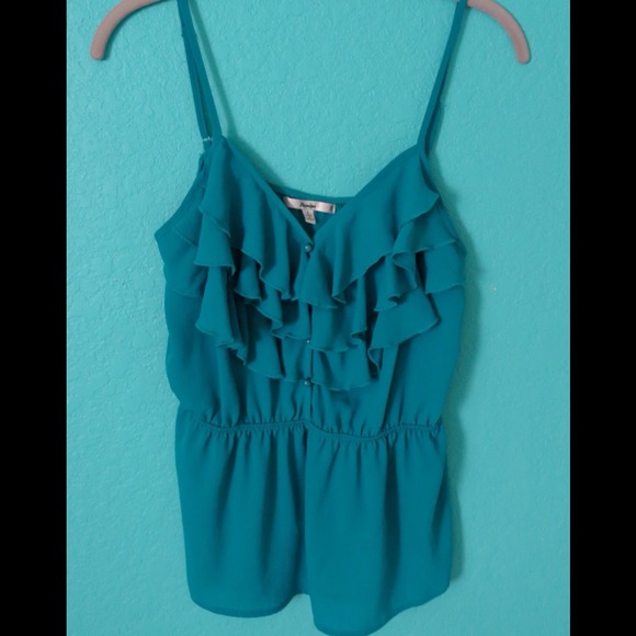 Turquoise Spaghetti Strap Blouse with Ruffles