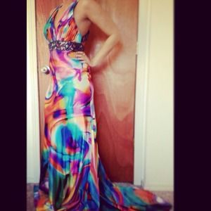 'Cache' formal multicolor silk and beaded Dress