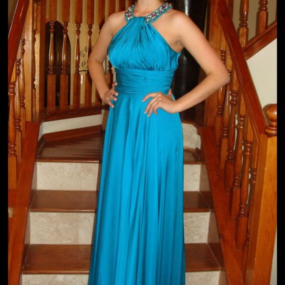 Teal Formal Dress with Jeweled Neck